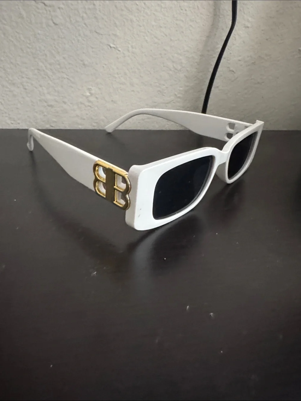 White Rectangular Sunglasses with Gold Double-B Logo Accent